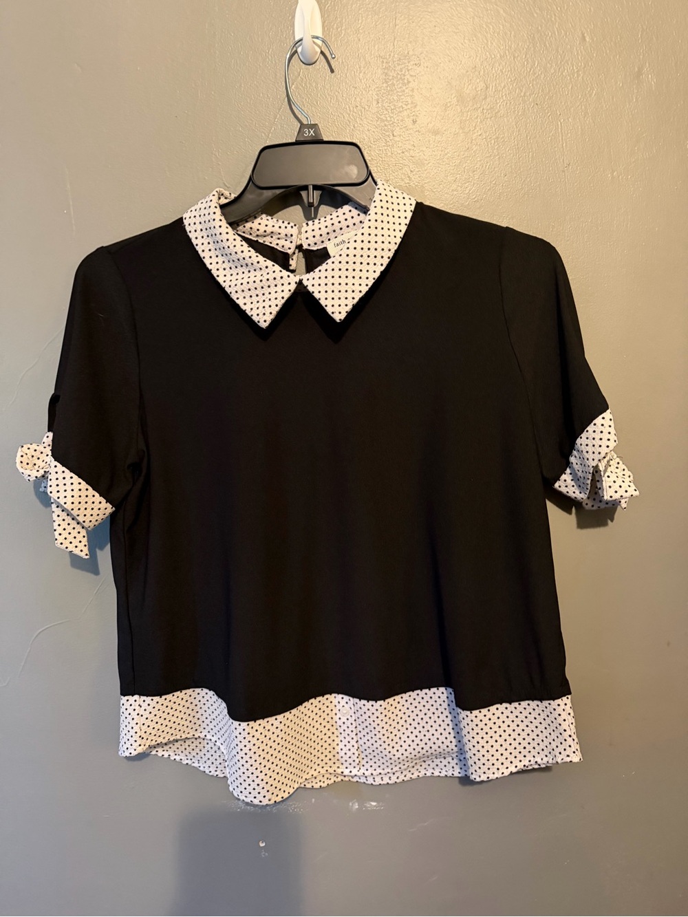 Faith and Joy Black Blouse with White Polka Dot Trim